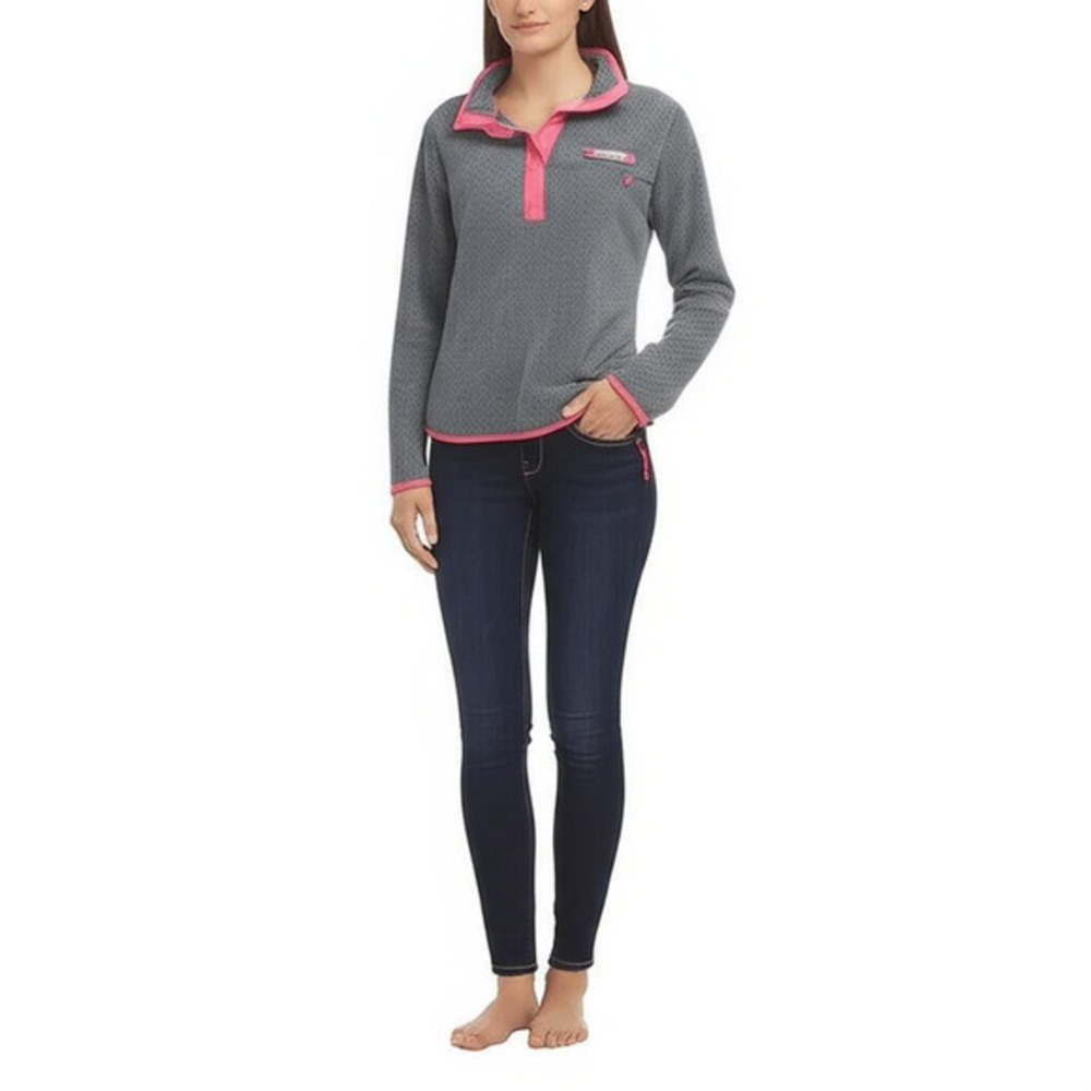 Columbia Womens Fleece Pullover Size S Grey Coral‎ Pink Snap Placket Cozy